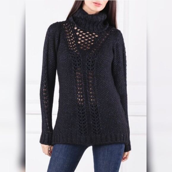 Guess Lorita Turtleneck Open Knit Wool Blend Sexy Sweater Black Yellow XS - Picture 12 of 12